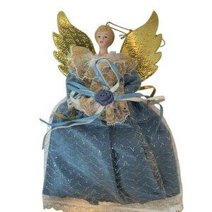 Vintage Handmade Angel Tree Topper With Golden Wings & Blue Gown Lace Overlay